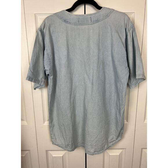 Vintage 90s Miramax Chambray Denim Sort Sleeve Button Top Embroidered Medium - Picture 7 of 7